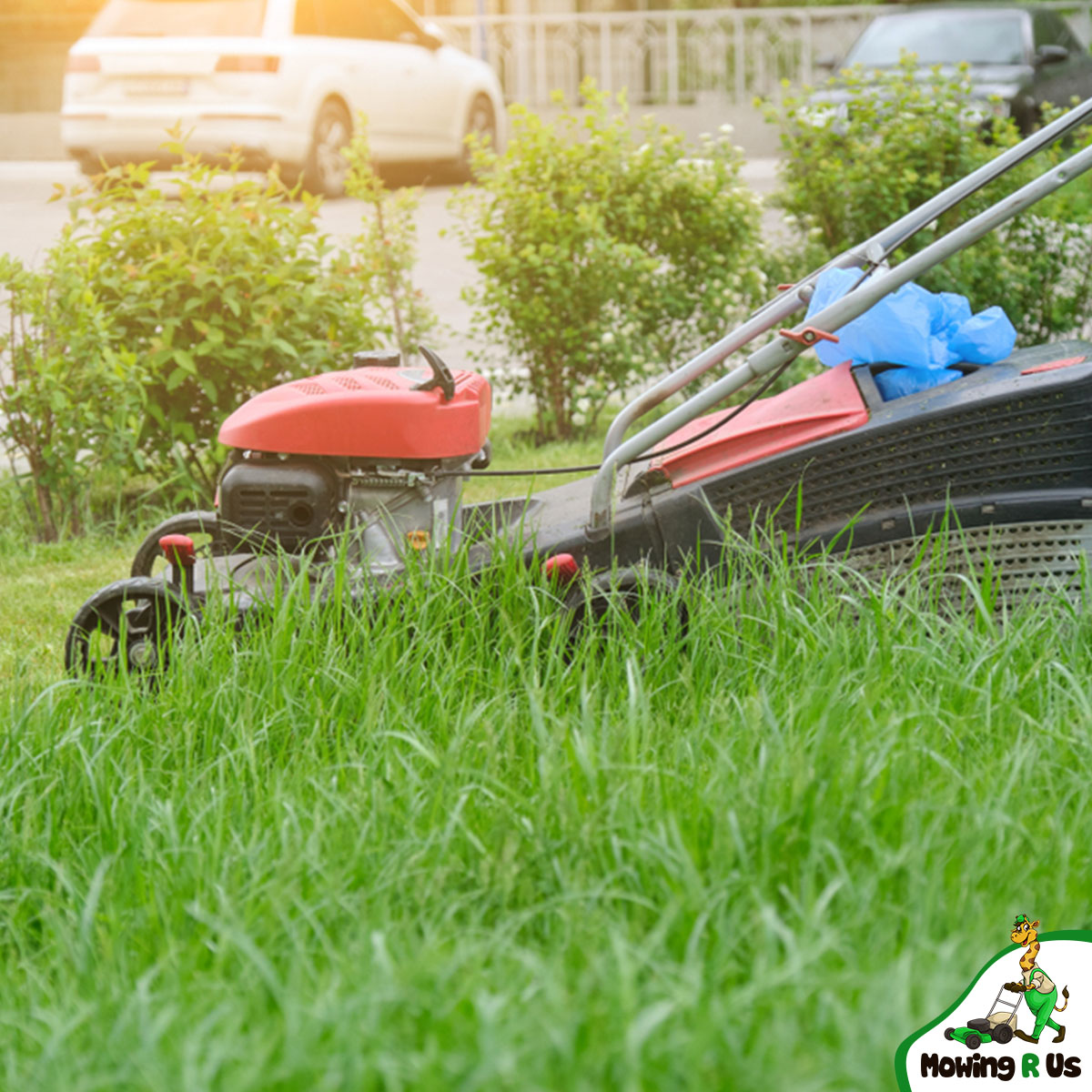 a person pushing a red lawnmower in the front yard by a street with cars on it