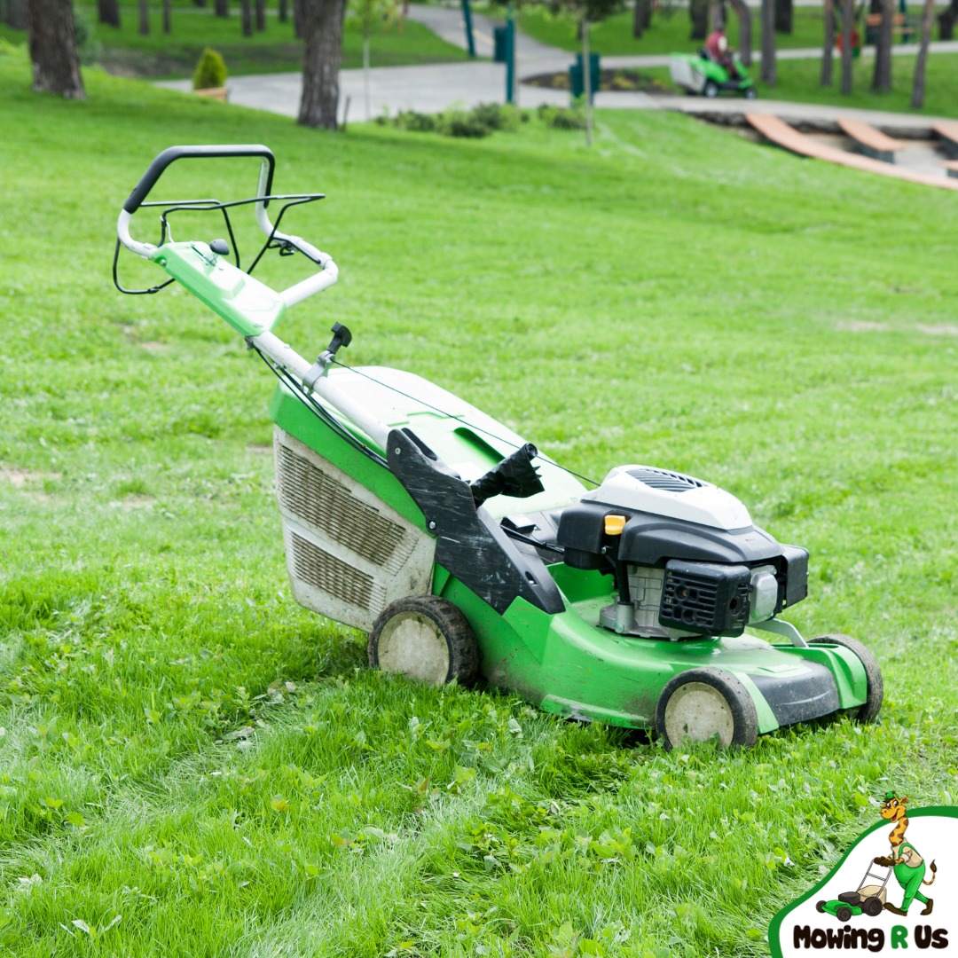 Green lawn mower rests on a freshly cut park lawn, leaving clear mowing lines across the grass with trees and walkways in background.
