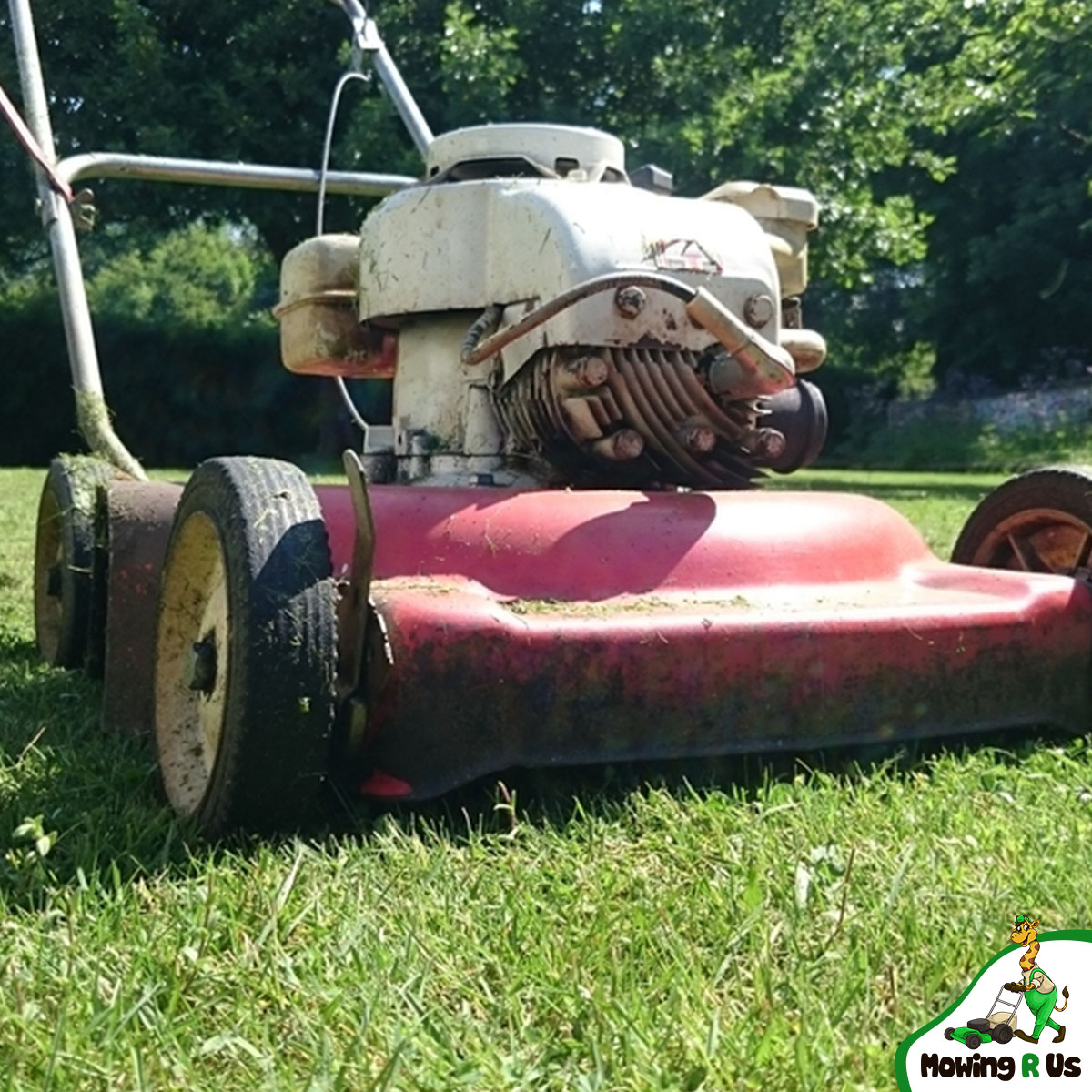 Old red gas-powered lawn mower sits on trimmed grass in bright sunlight, showcasing rugged wheels and engine detail.