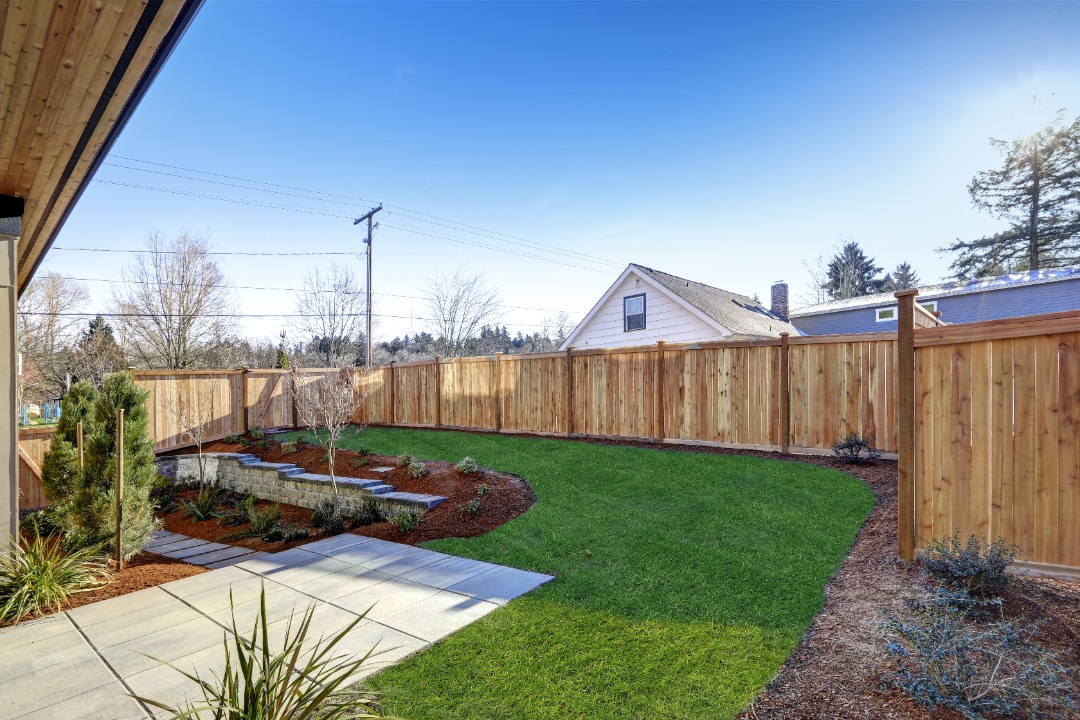 Private backyard with new wooden fence, fresh sod lawn, and landscaped garden beds under clear blue sky and morning sun.